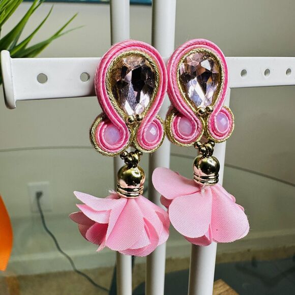 Handmade Dangle Drop Earrings with Chrystals Soutache handcrafted UniqueJewelry - Picture 1 of 7